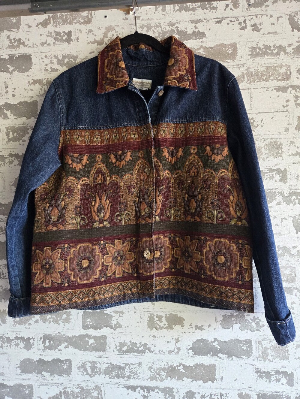 Coldwater Creek Vintage Tapestry Denim Jacket Medium Boho Western Southwestern